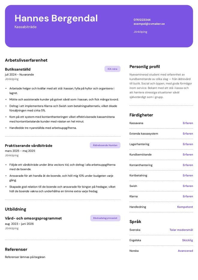 CV-exempel för kassabiträde