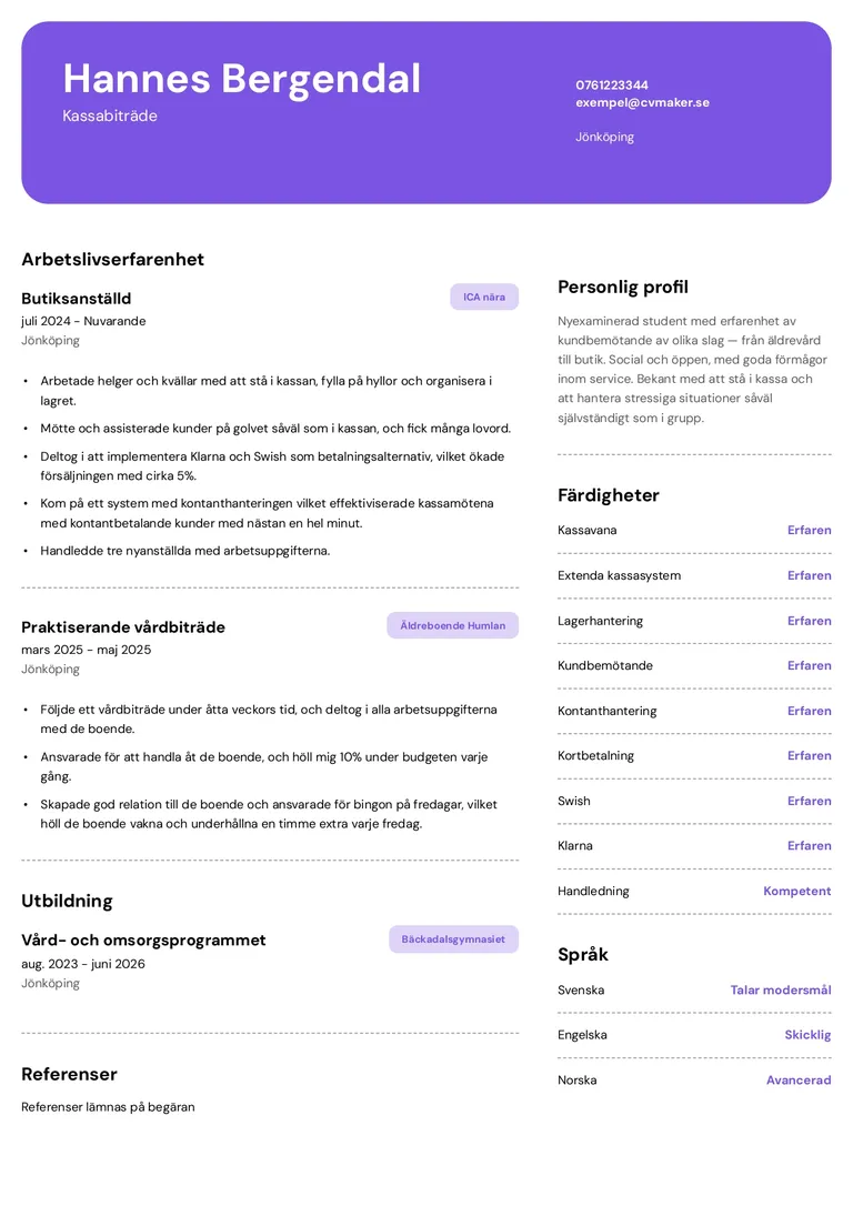 CV-exempel för kassabiträde