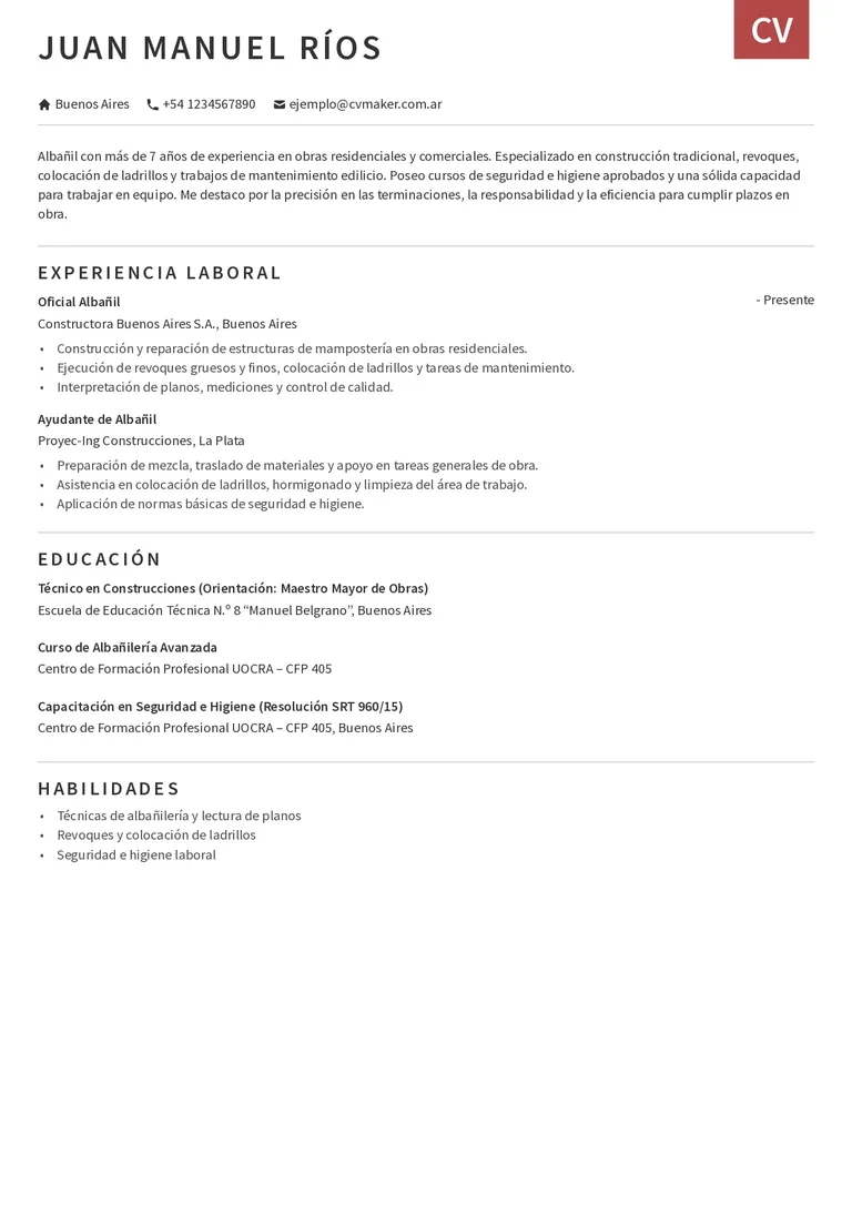 Albanil cv ejemplo