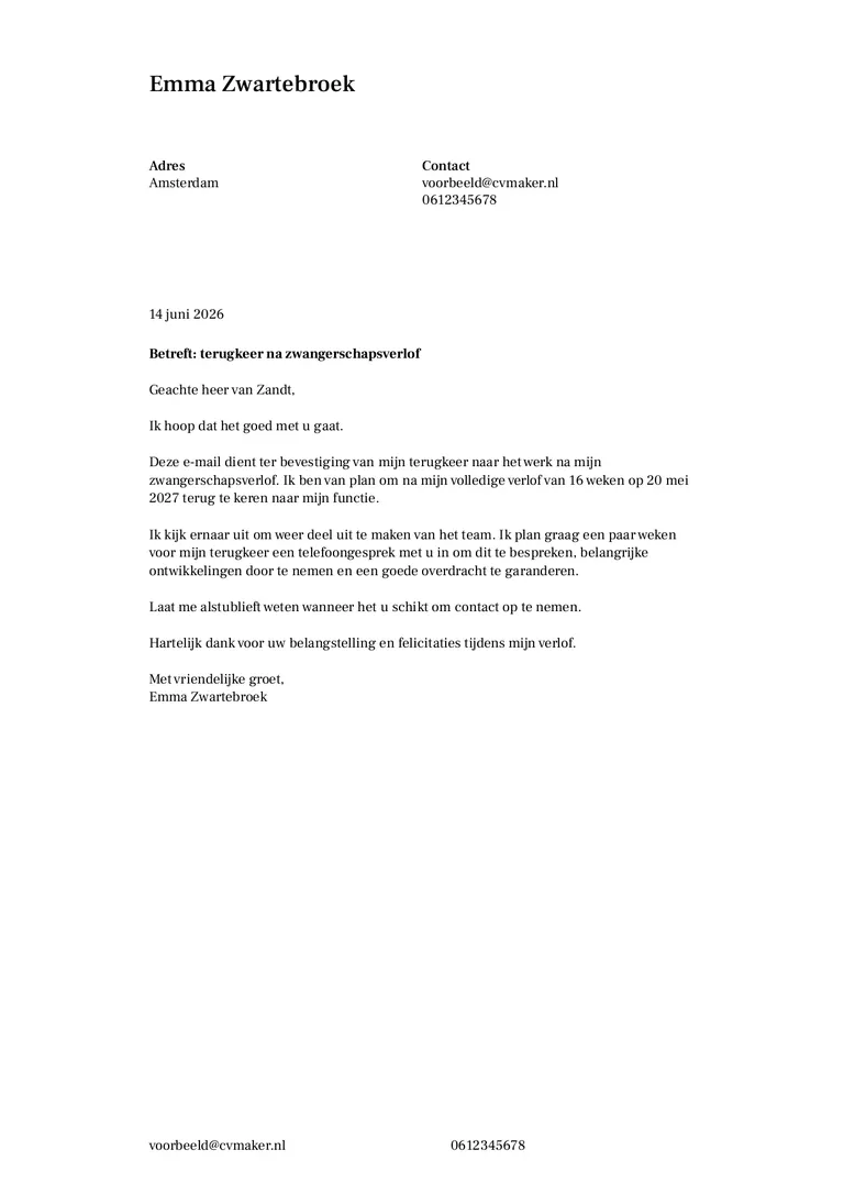 Zwangerschapsverlof terugkeer naar het werk e-mail voorbeeld