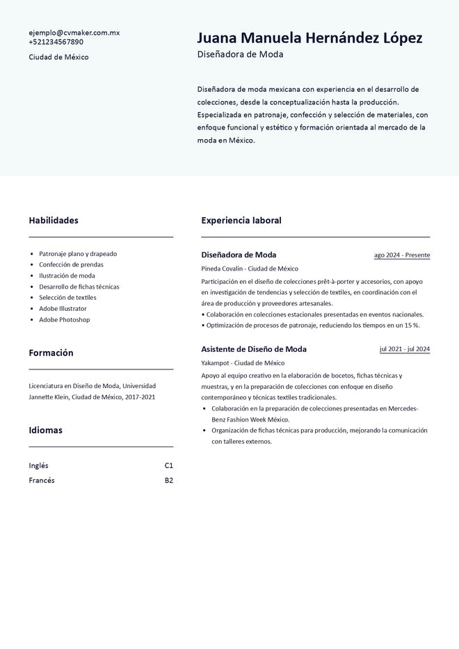 Disenador de moda cv ejemplo