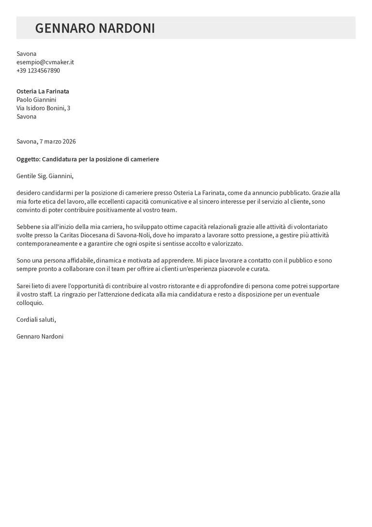 Esempio di lettera di presentazione per cameriere