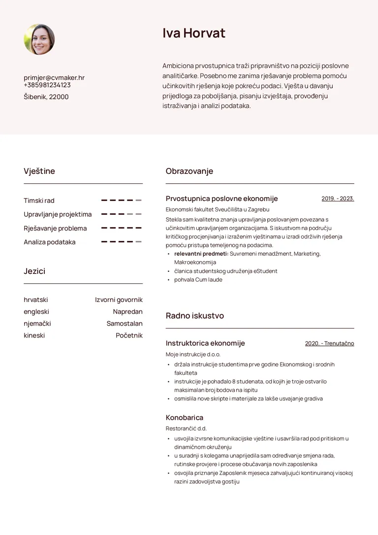 Primjer životopisa diplomantica