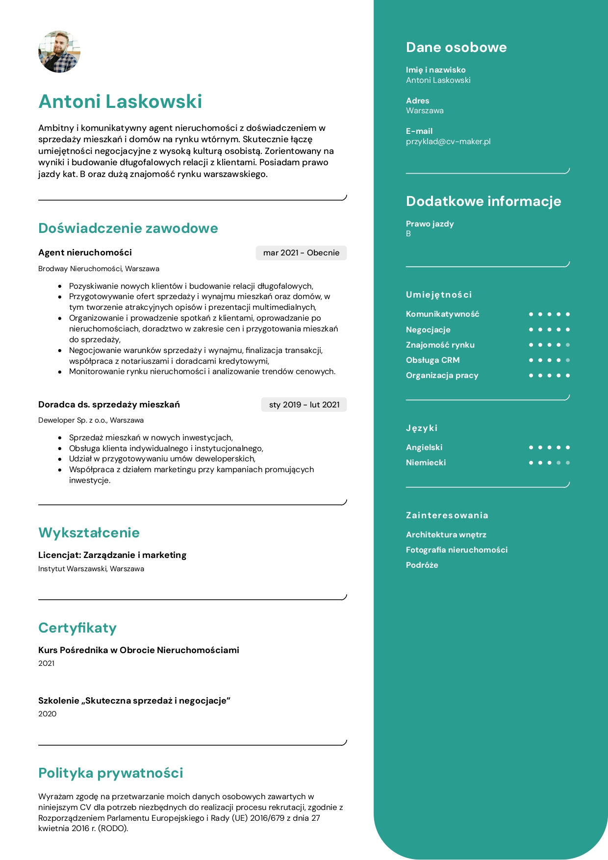 Agenta nieruchomosci przyklad cv