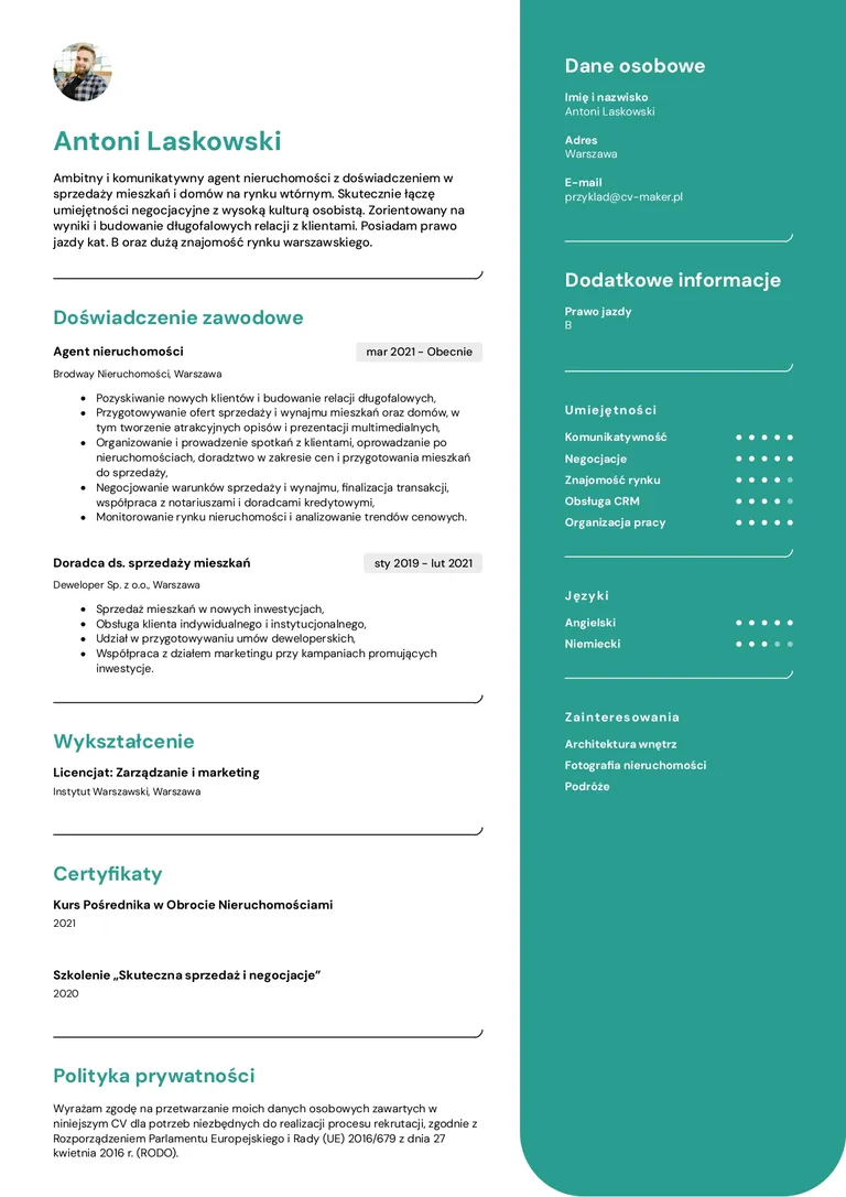 Agenta nieruchomosci przyklad cv