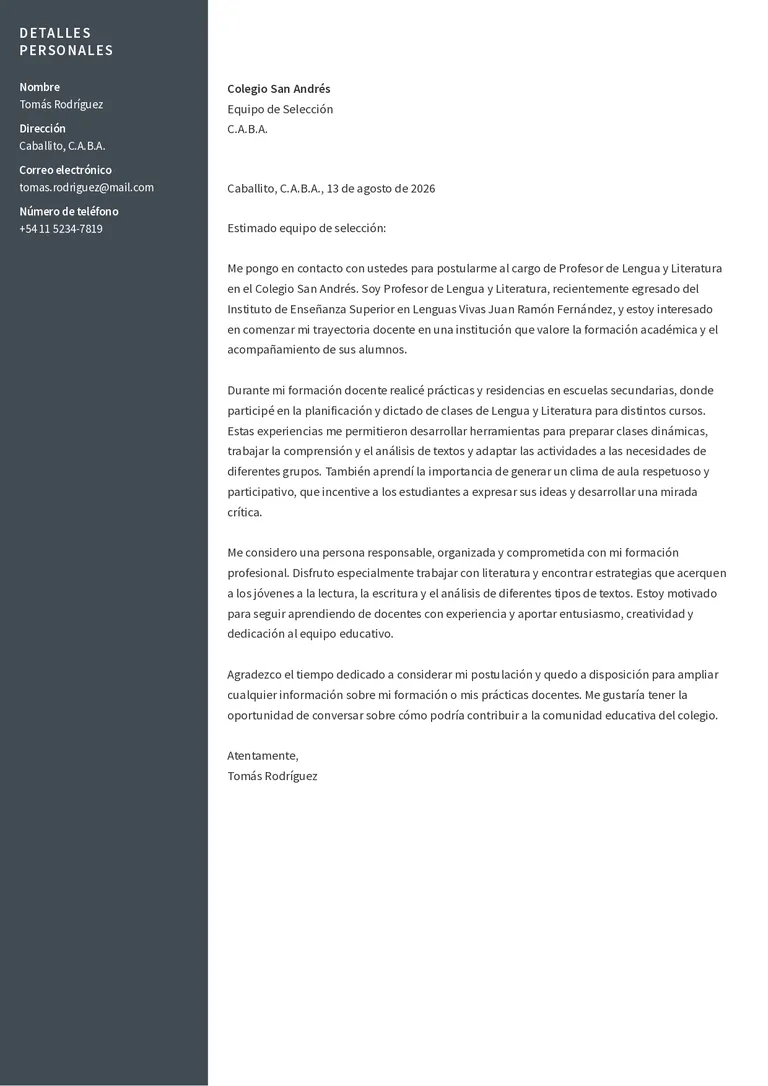 Ejemplo de carta de presentación docente sin experiencia