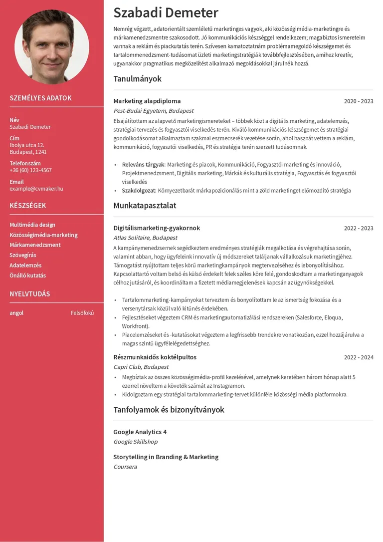 Pályakezdő önéletrajz minta – marketing
