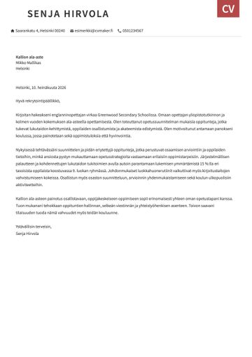 Opettajan työhakemus esimerkki