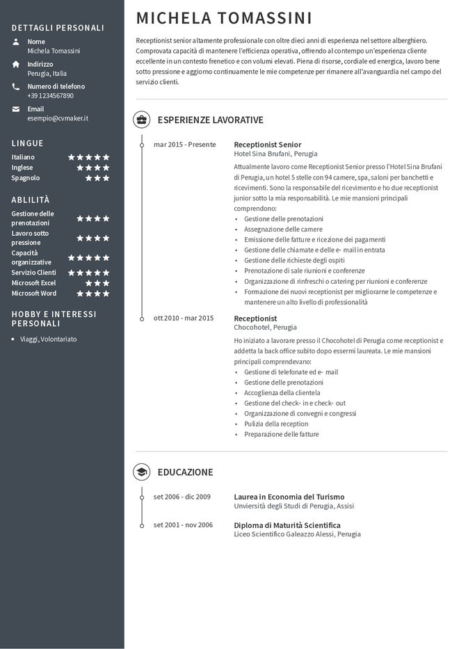 esempio di CV per receptionist
