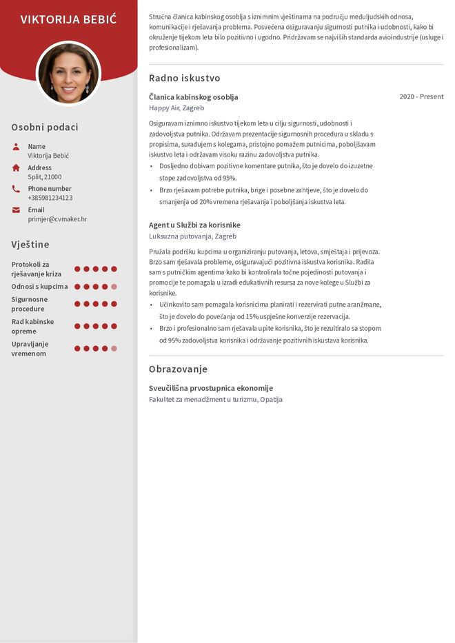 Primjer životopisa kabinskog osoblja