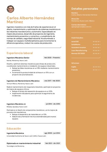 Ejemplo de currículum de ingeniero mecánico