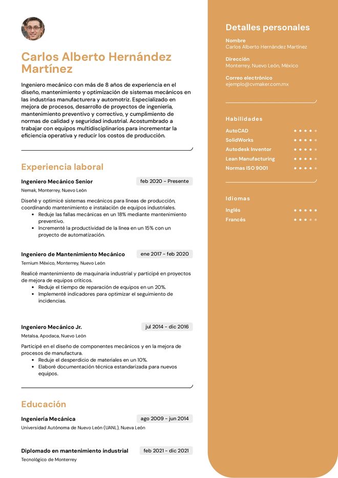 Ejemplo de currículum de ingeniero mecánico