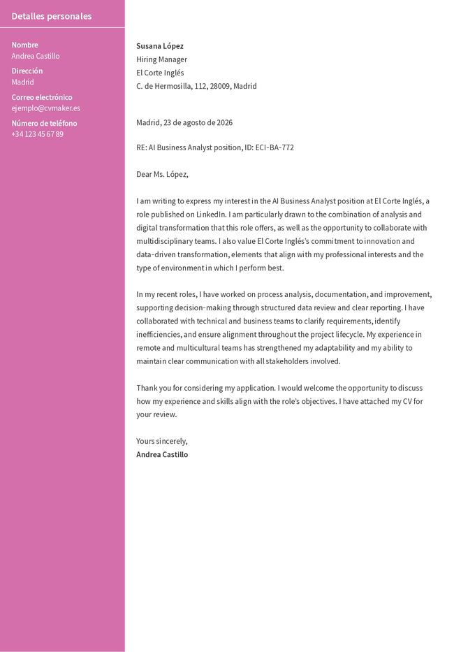 Ejemplo de carta de presentación en inglés