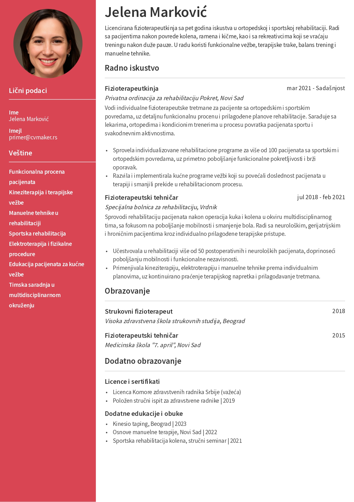 Primer CV-ja za fizioterapeutkinju