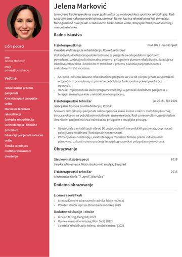 Primer CV-ja za fizioterapeutkinju