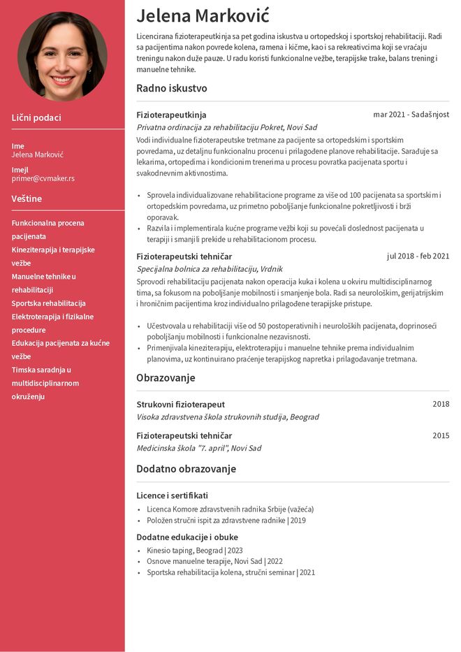 Primer CV-ja za fizioterapeutkinju
