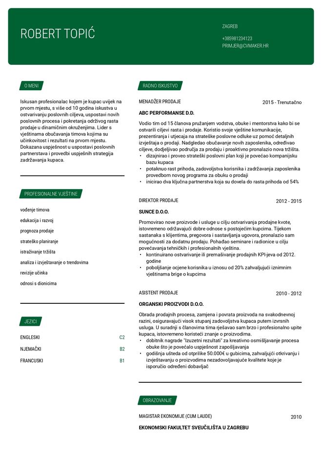 Primjer životopisa za prodajnog profesionalca