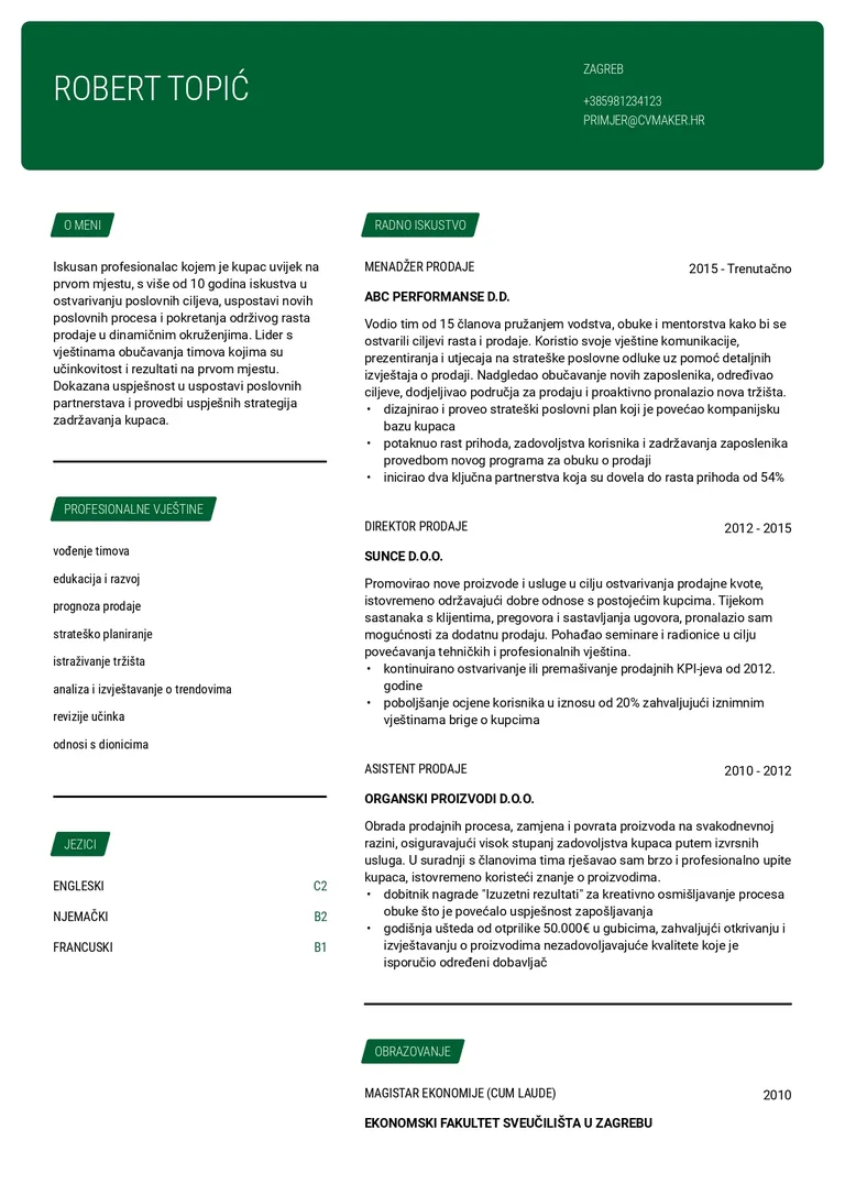 Primjer životopisa za prodajnog profesionalca