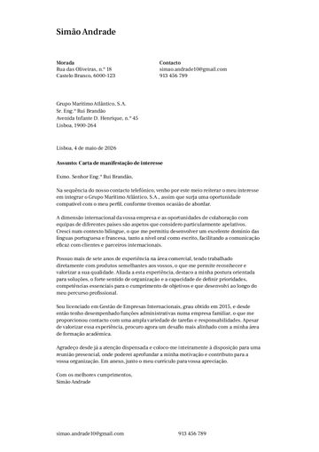 Exemplo carta de apresentação toronto
