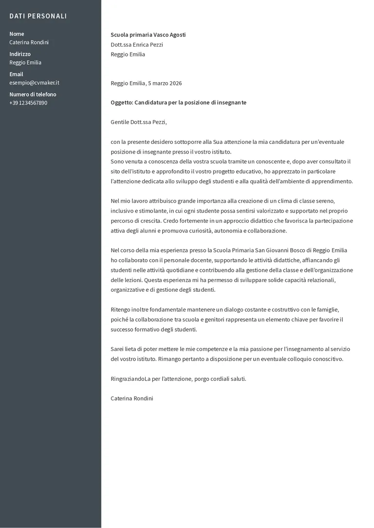 Esempio di lettera di presentazione per insegnante