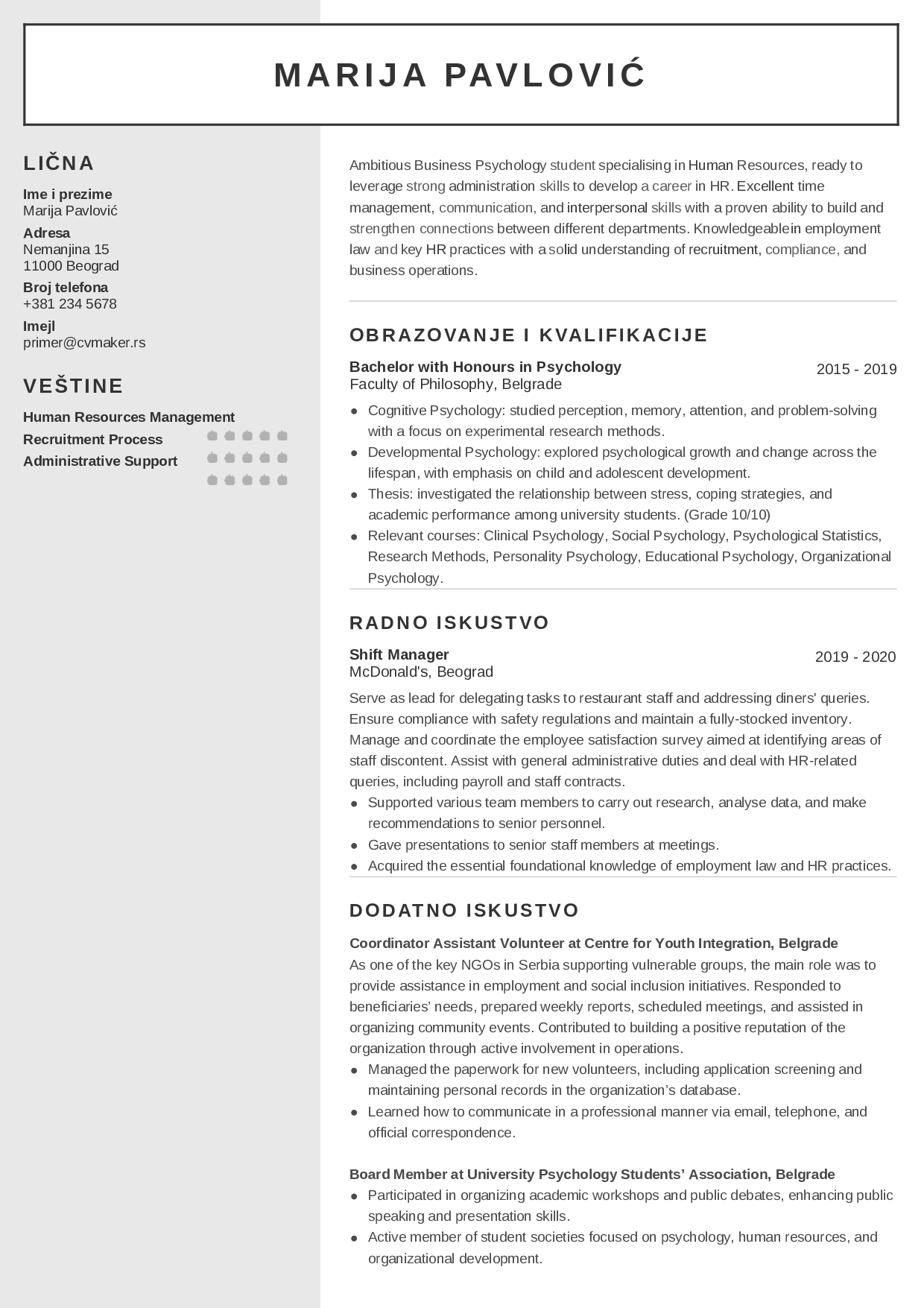 Primer CV-ja na engleskom