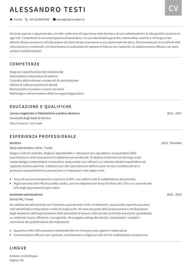 Esempio di CV per dentista