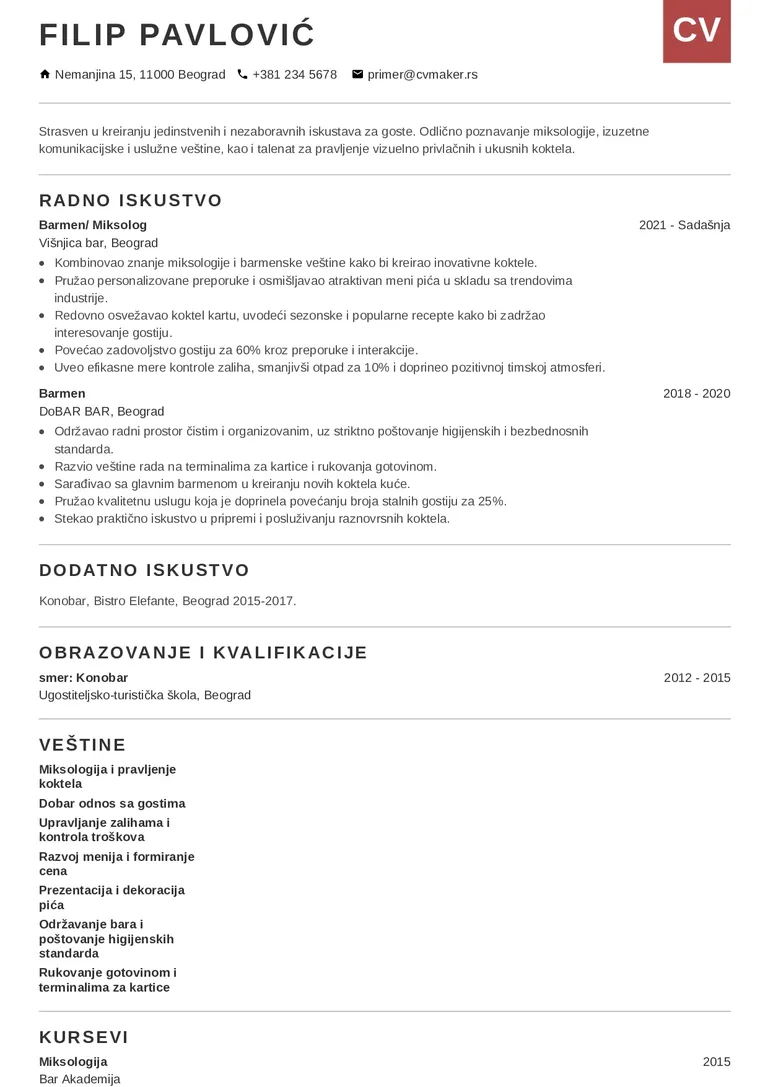 Primer CV-ja za barmena