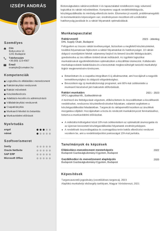 Raktáros önéletrajz minta