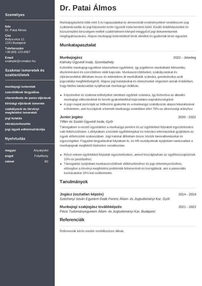 Minta önéletrajz jogász számára