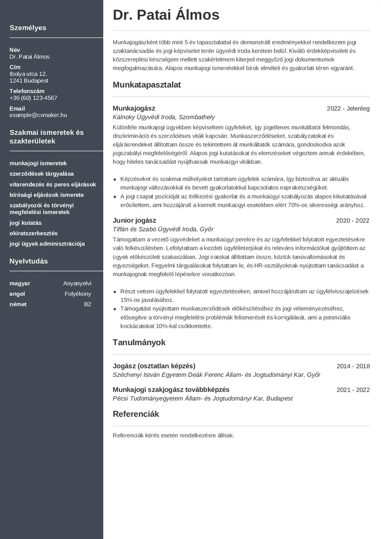 Minta önéletrajz jogász számára