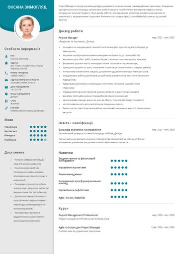 Приклад резюме project manager