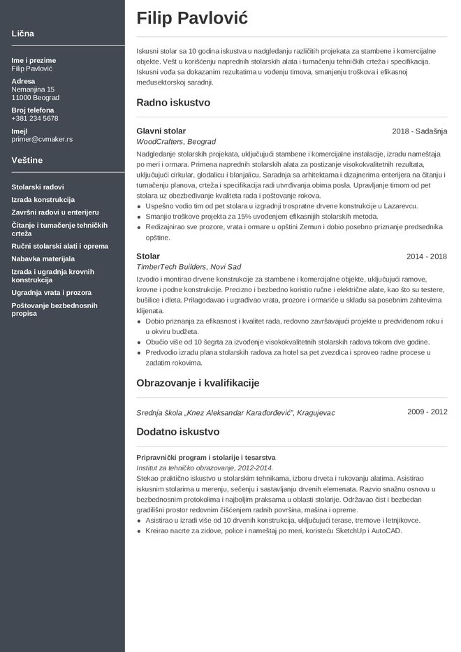 CV za stolara - primer