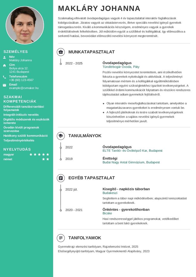 Óvodapedagógus önéletrajz-minta