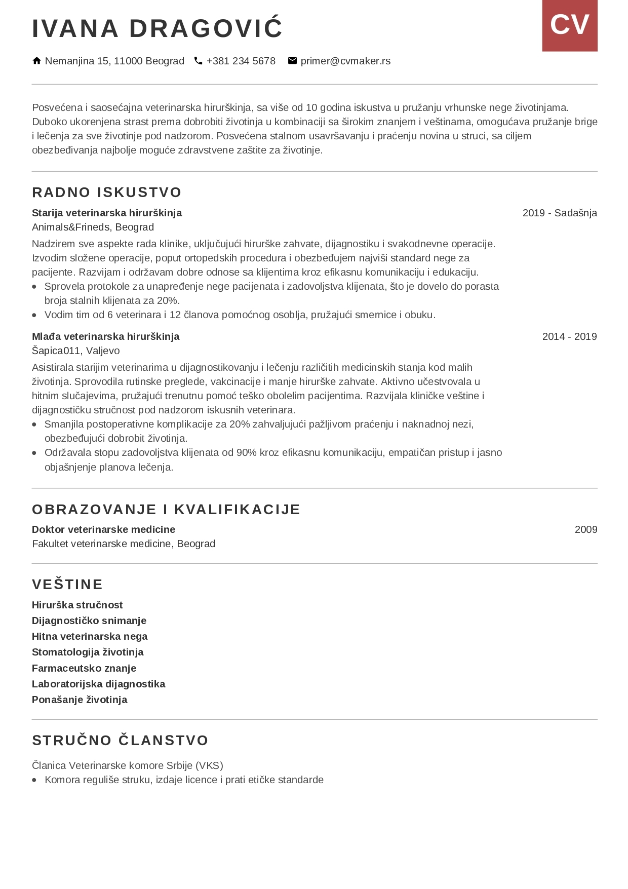 Primer CV-ja za veterinara