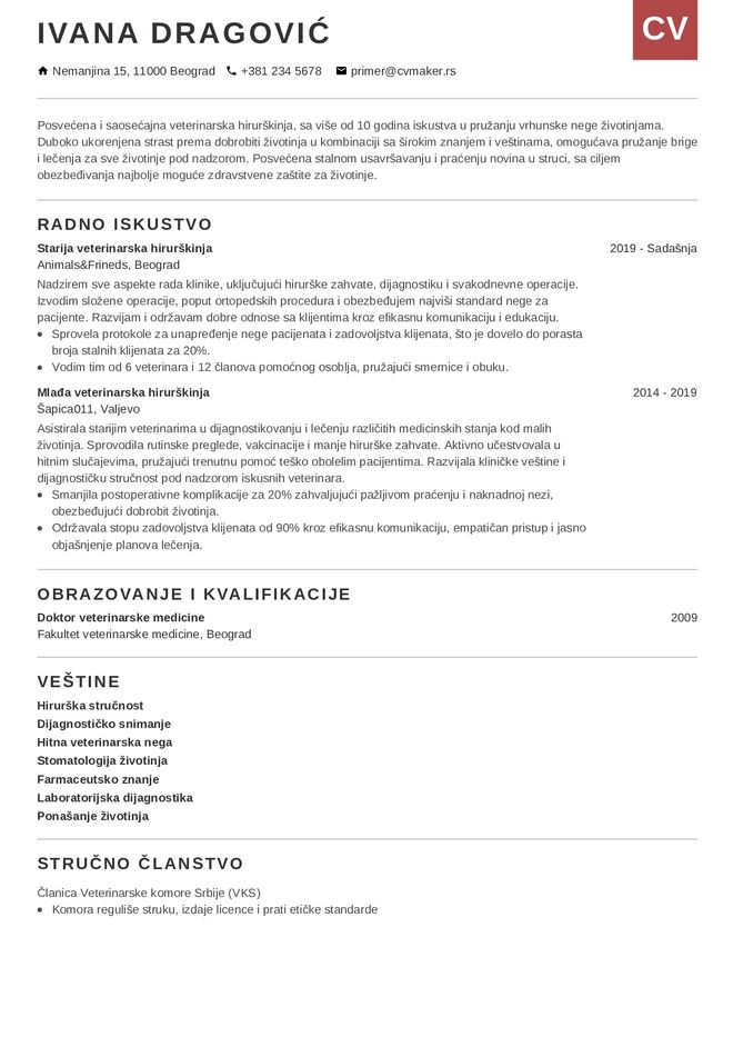 Primer CV-ja za veterinara