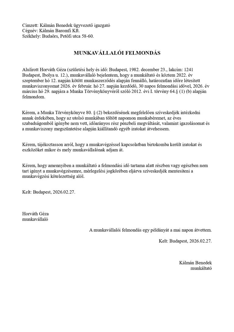 Felmondólevél-minta