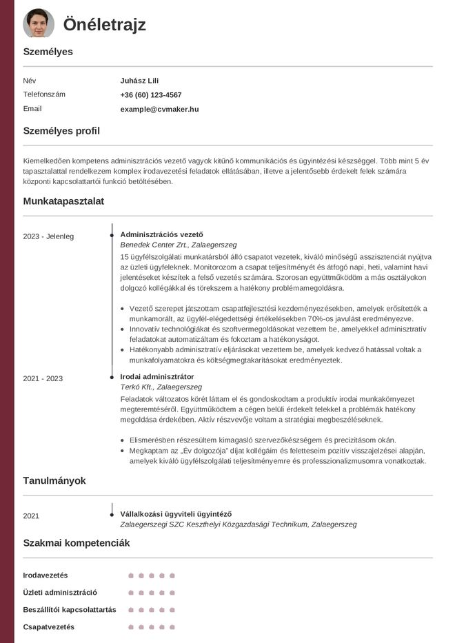 Önéletrajz minta adminisztrátor számára