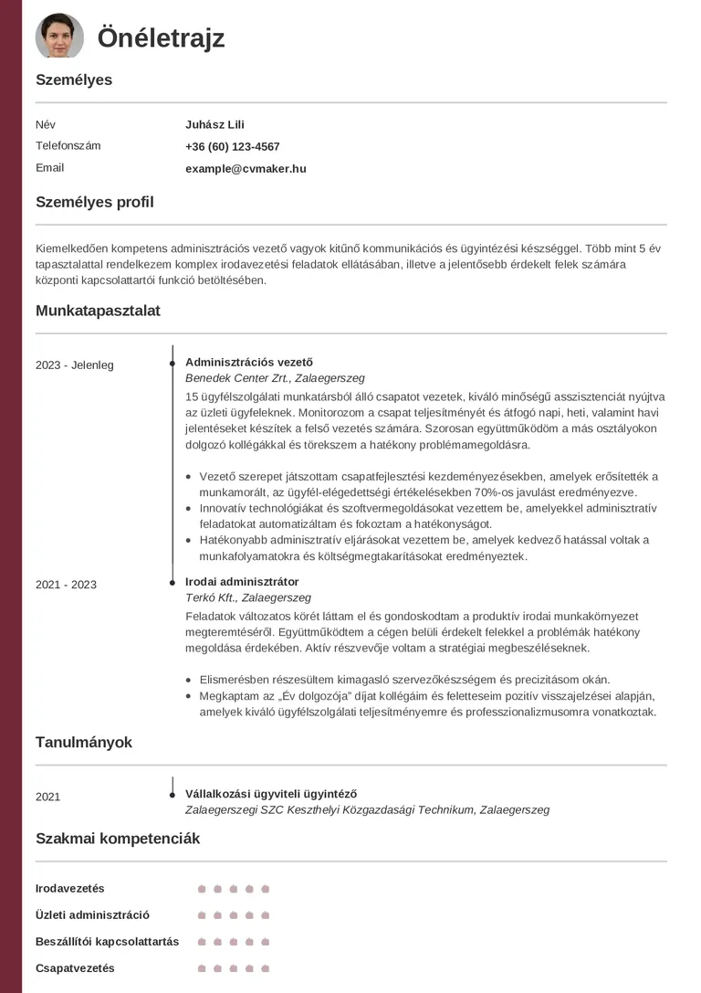 Önéletrajz minta adminisztrátor számára