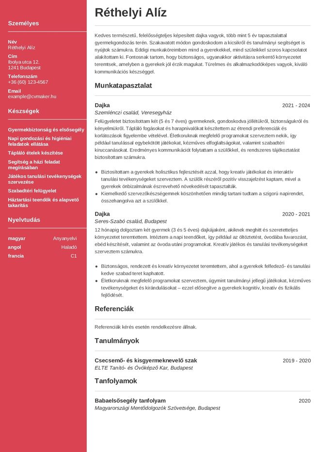 dajka önéletrajz minta