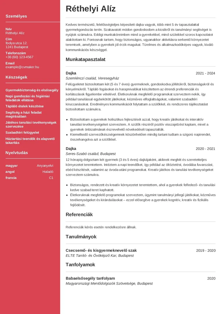 dajka önéletrajz minta