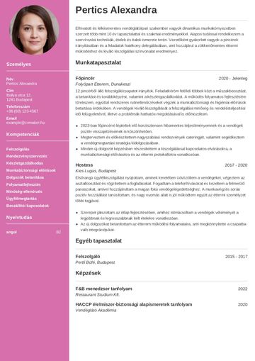 Pincér önéletrajz minta