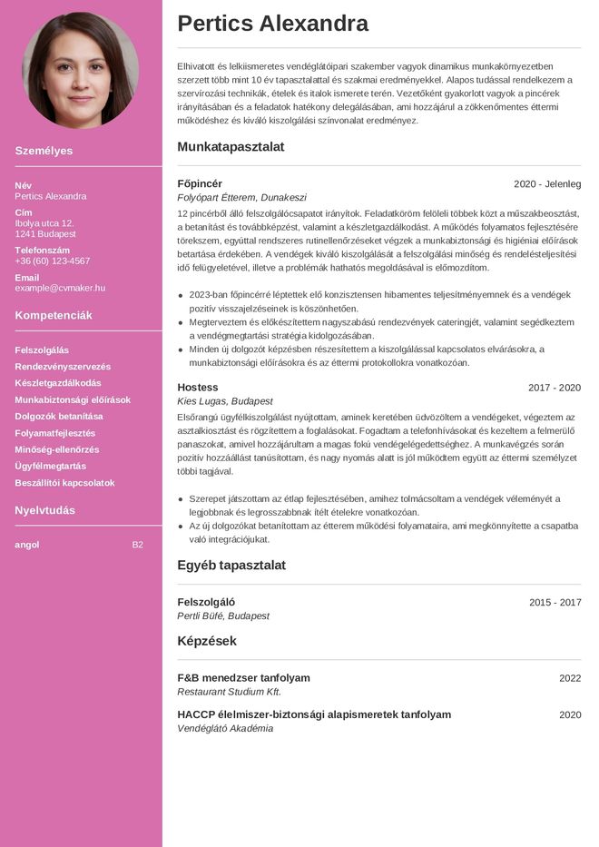 Pincér önéletrajz minta