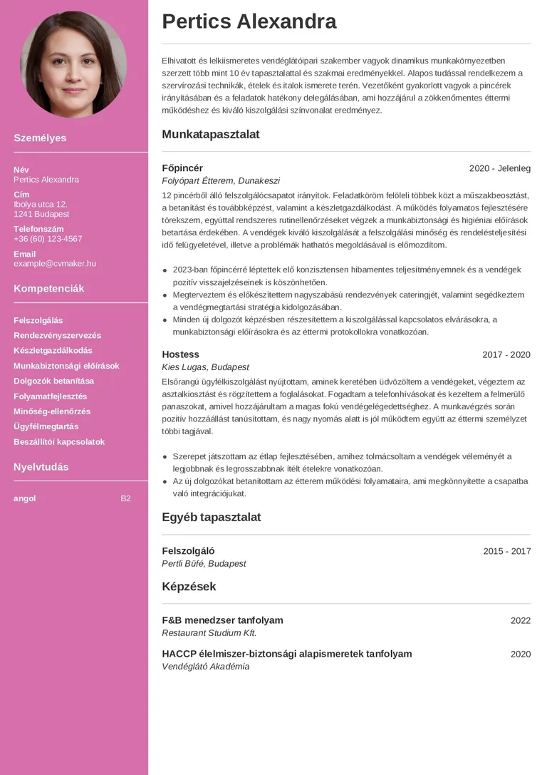 Pincér önéletrajz minta
