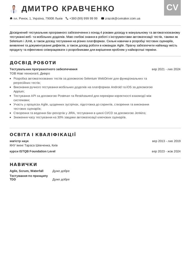 Приклад резюме тестувальника