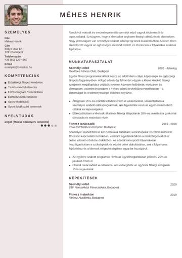 Személyi edzői önéletrajzminta