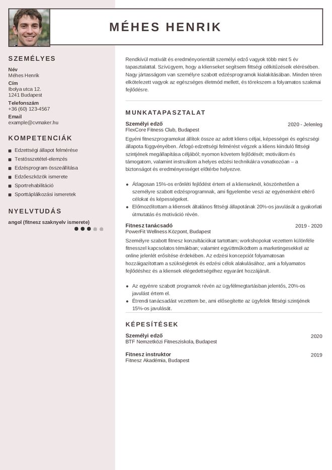 Személyi edzői önéletrajzminta