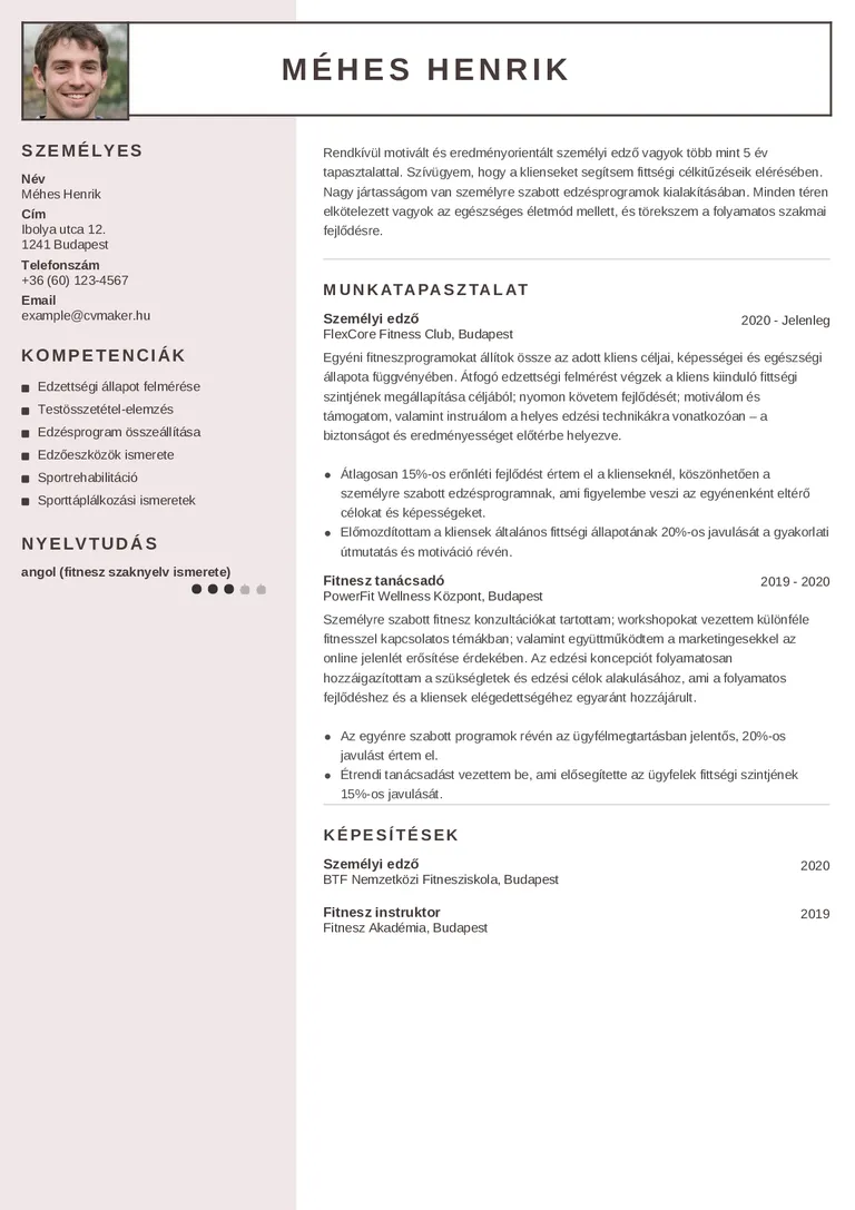 Személyi edzői önéletrajzminta