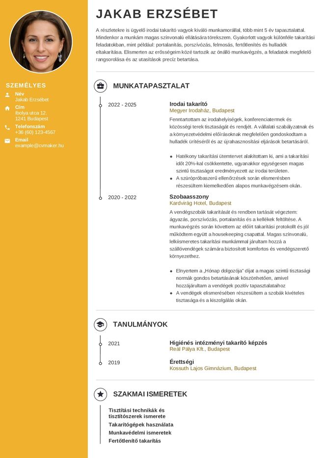 Önéletrajz-minta takarítói állásra