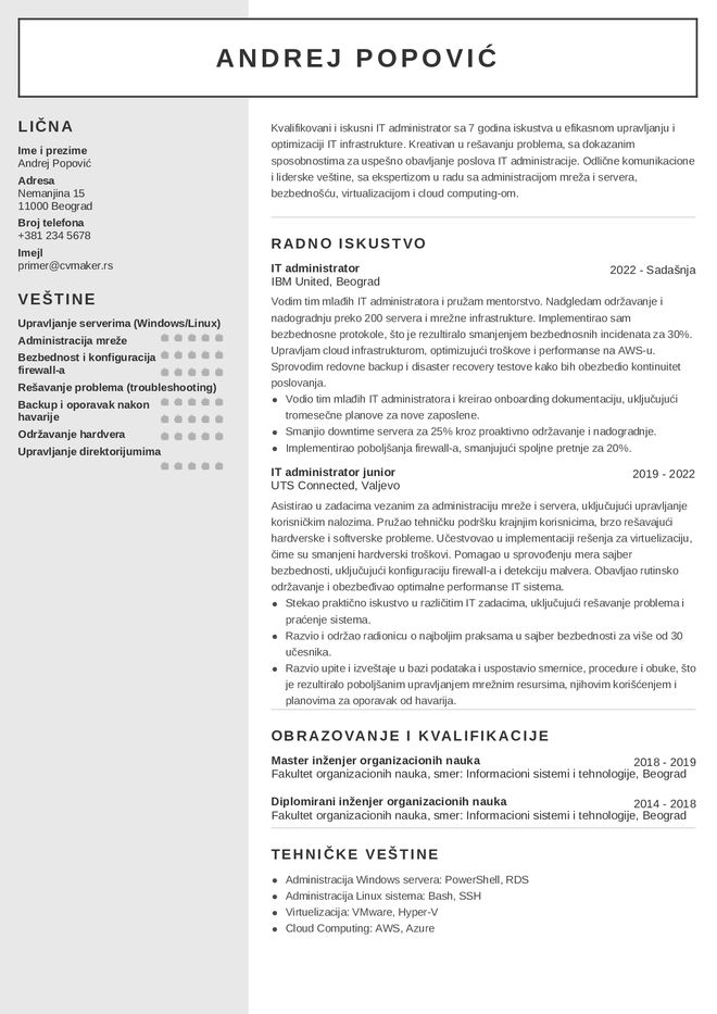 Primer CV-ja za IT administratora