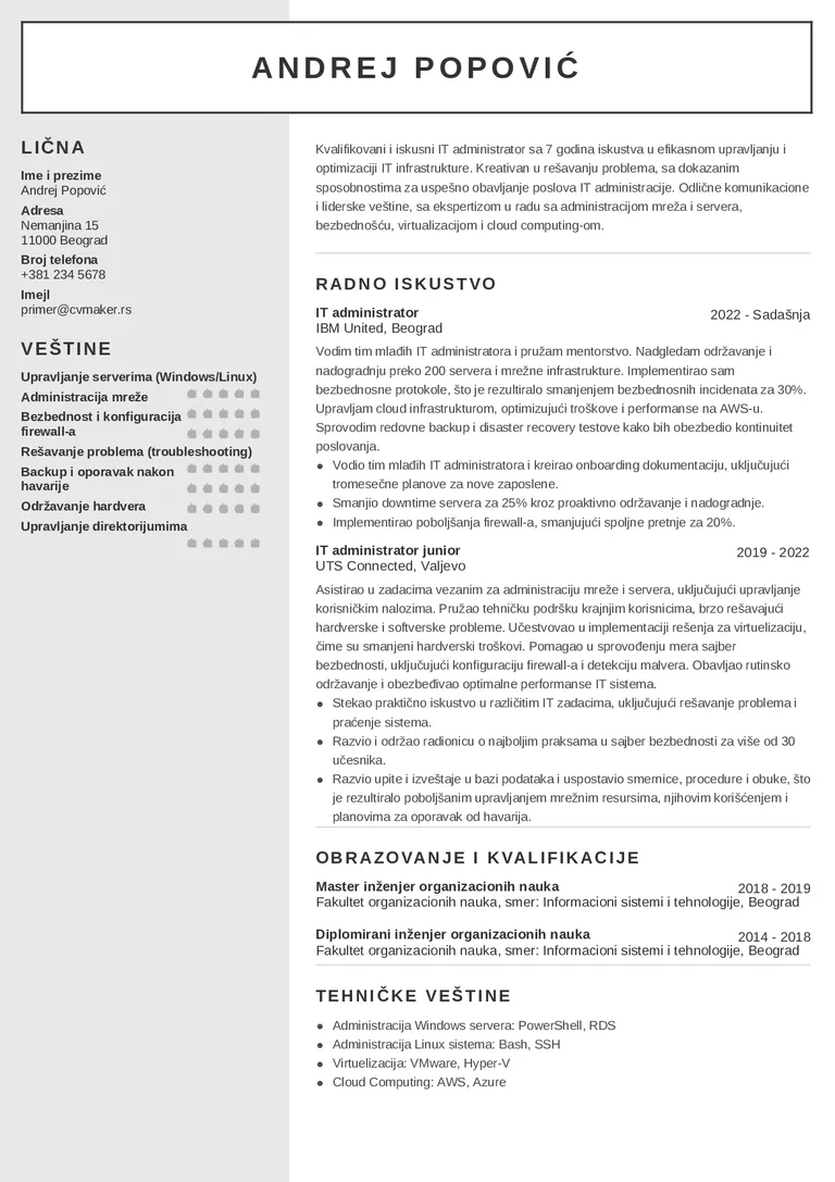 Primer CV-ja za IT administratora